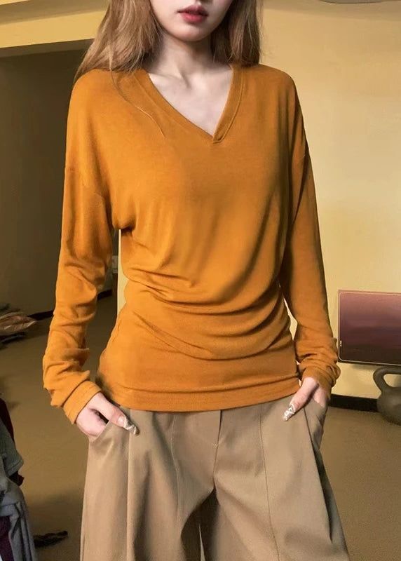 Simple Orange V Neck Solid Cotton T Shirt Fall