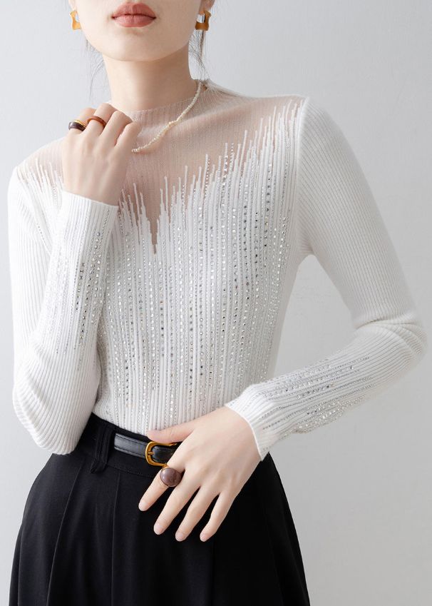 Italian White Tulle Zircon Patchwork Knit Sweater Tops Spring