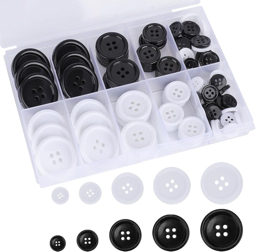 100 Pcs Premium Mixed Resin Sewing Buttons, kidoom Eco-Friendly 4-Hole Craft Buttons, 5 Sizes of Black Buttons Suitable for Sewing, DIY and Holiday Decoration(Black & White)