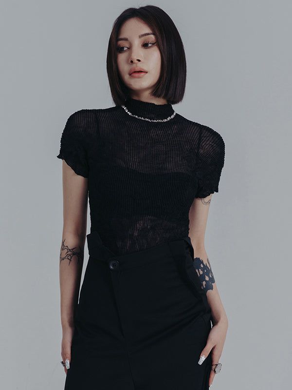 Original Simple Casual Solid Color Pleated High-Neck T-Shirt Top