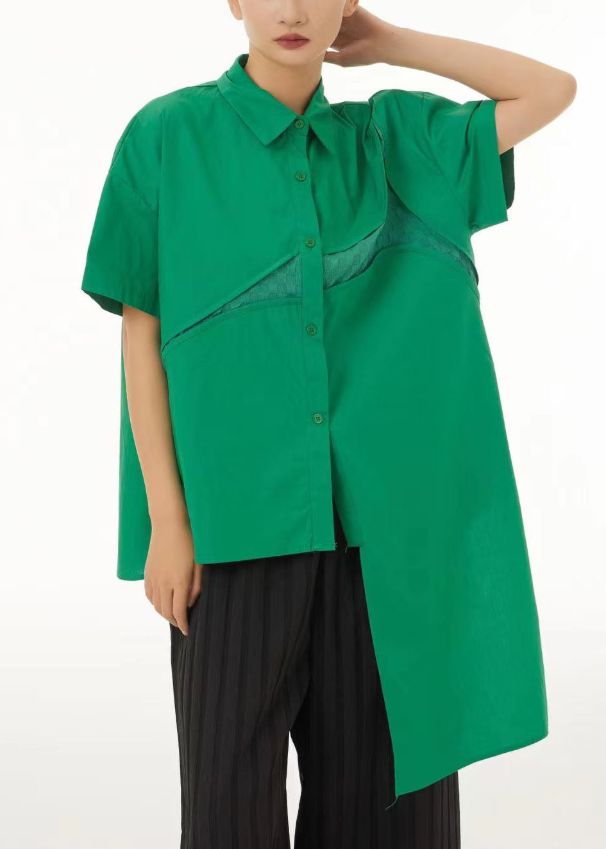 5.1Women Green Asymmetrical Design Cotton Shirt Tops Summer