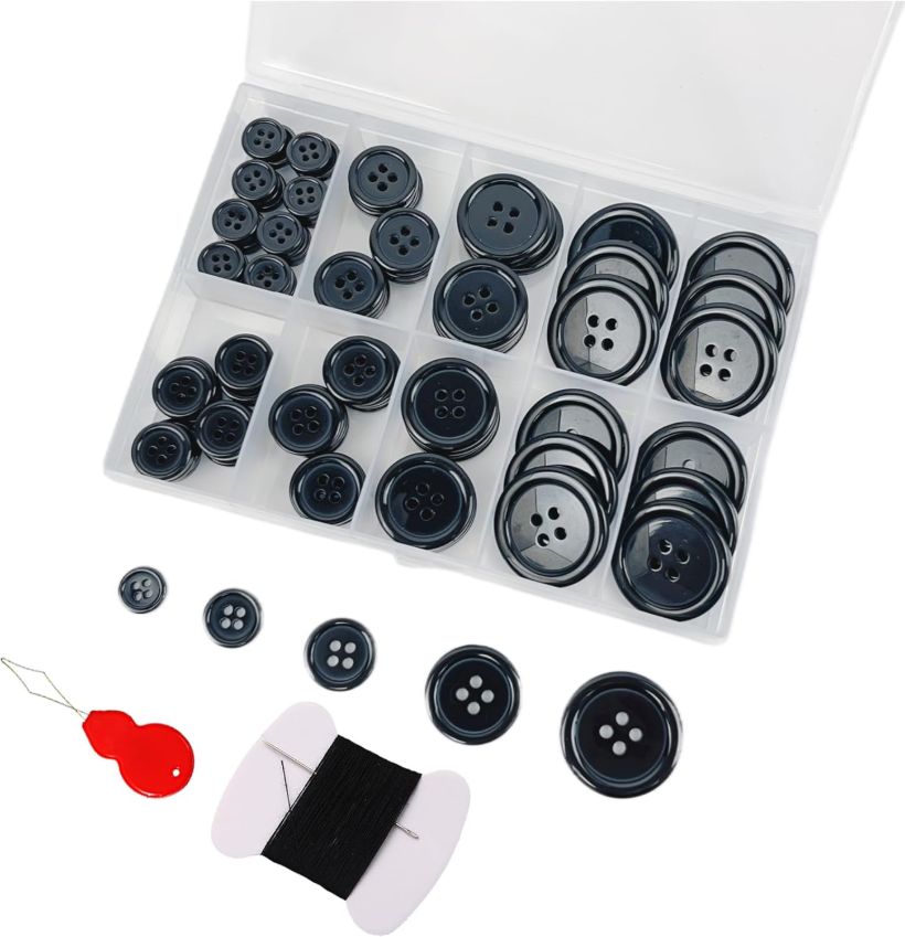100Pcs Black Sewing Buttons Kit, Including Needle, Sewing Thread, and Threader,5 Sizes 4-Hole Craft Buttons, Suitable for Sewing,Clothes,Suit Coat Shirt Buttons??DIY Decoration (Black)