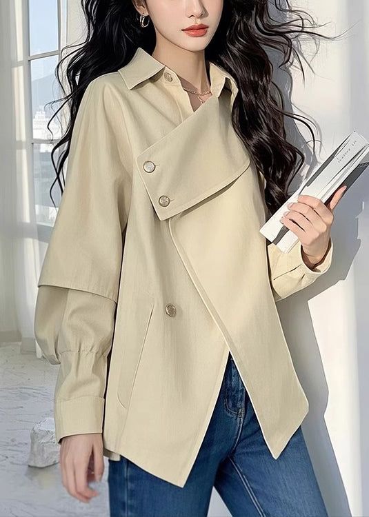 Loose Light Khaki Asymmetrical Button Cotton Trench Coat Fall