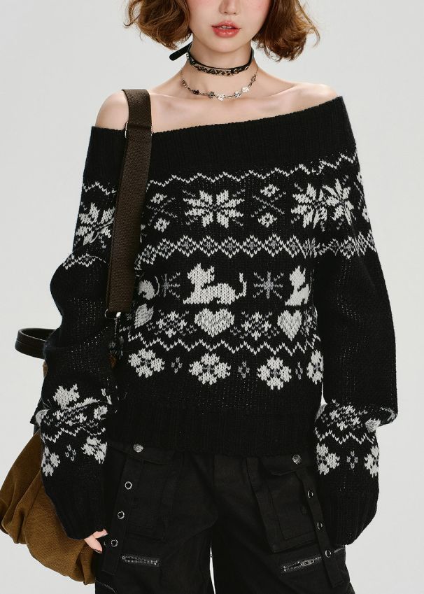 Casual Black Slash Neck Jacquard Knit Sweater Tops Spring