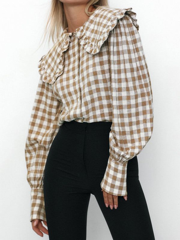 Cute Khaki Peter Pan Collar Plaid Long Sleeve Blouse