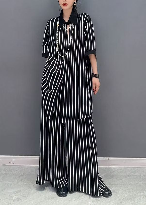 4.15Boutique Black Peter Pan Collar Striped Chiffon Two Pieces Set Summer