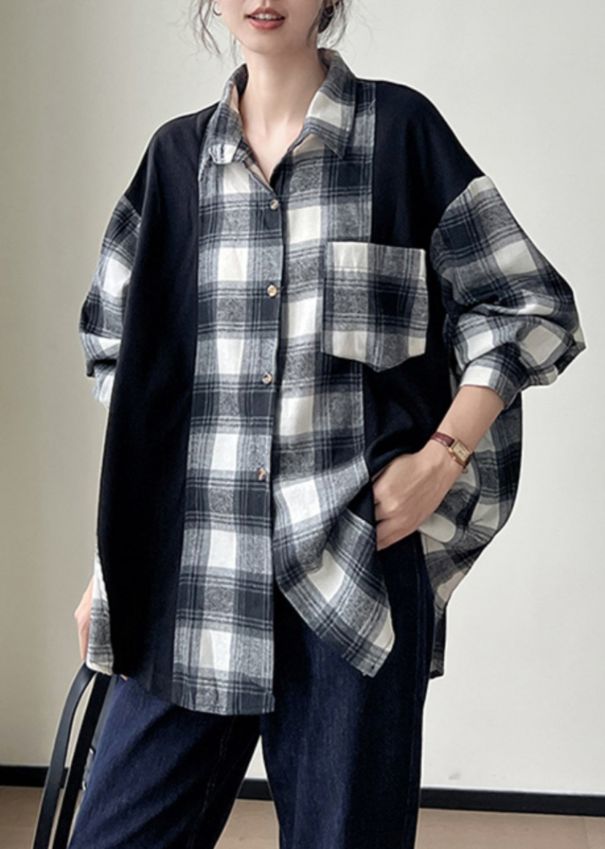 Plus Size Black Plaid Button Patchwork Cotton Shirts Fall