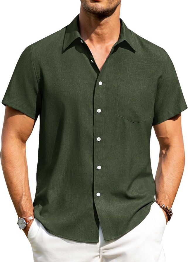 Alimens & Gentle Mens Linen Shirts Short Sleeve Button Down Shirts Wrinkle Free Casual Vacation Beach Summer Tops