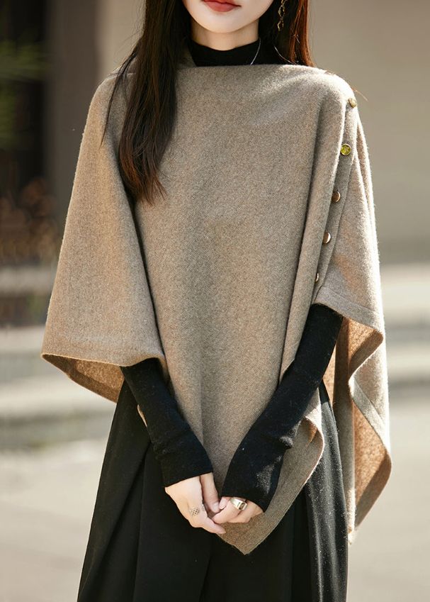 Camel Button Cozy Woolen Cape Sweater Asymmetrical Batwing Sleeve