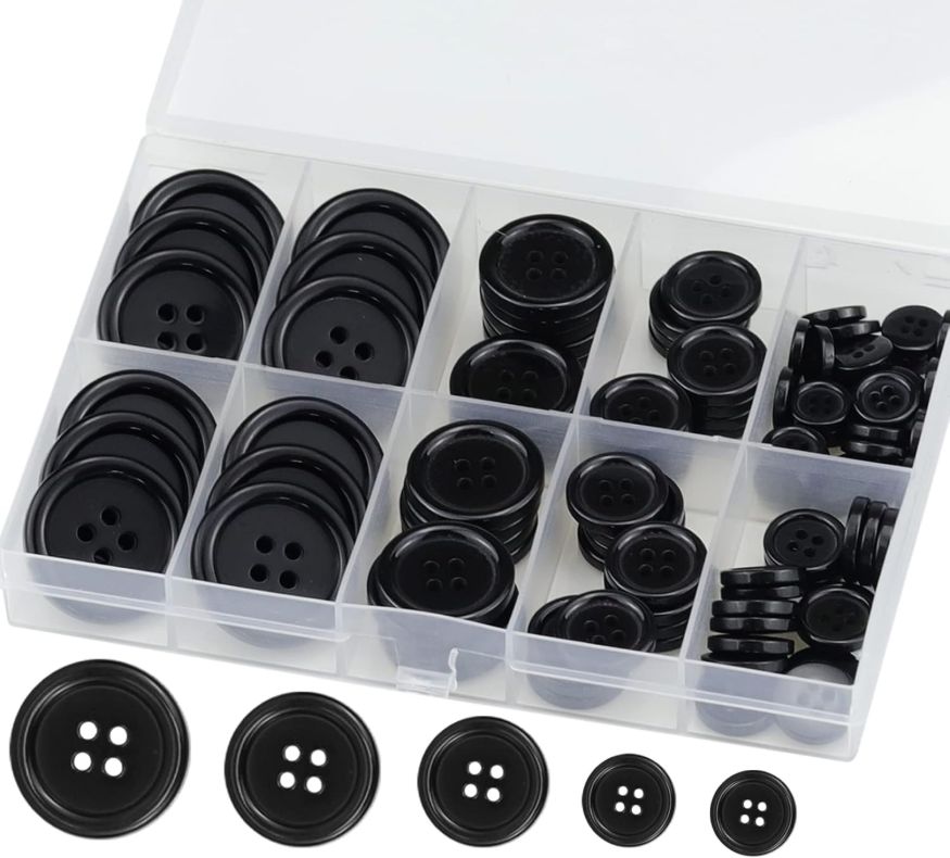 100Pcs Premium Black Round Resin Sewing Buttons, 4-Hole Craft Buttons in 5 Sizes, Shatterproof & Fade-Resistant Suit Coat Buttons, Smooth Scratch-Proof, Reusable Box for DIY Knitting & Holiday Decor