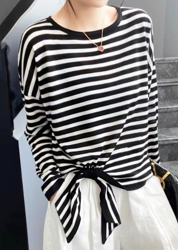 Loose Black Striped Lace Up Cotton T Shirt O Neck Spring