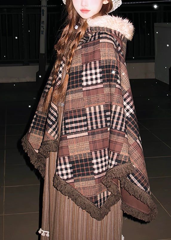 Classy Brown V Neck Print Tassel Hooded Coats Batwing Sleeve