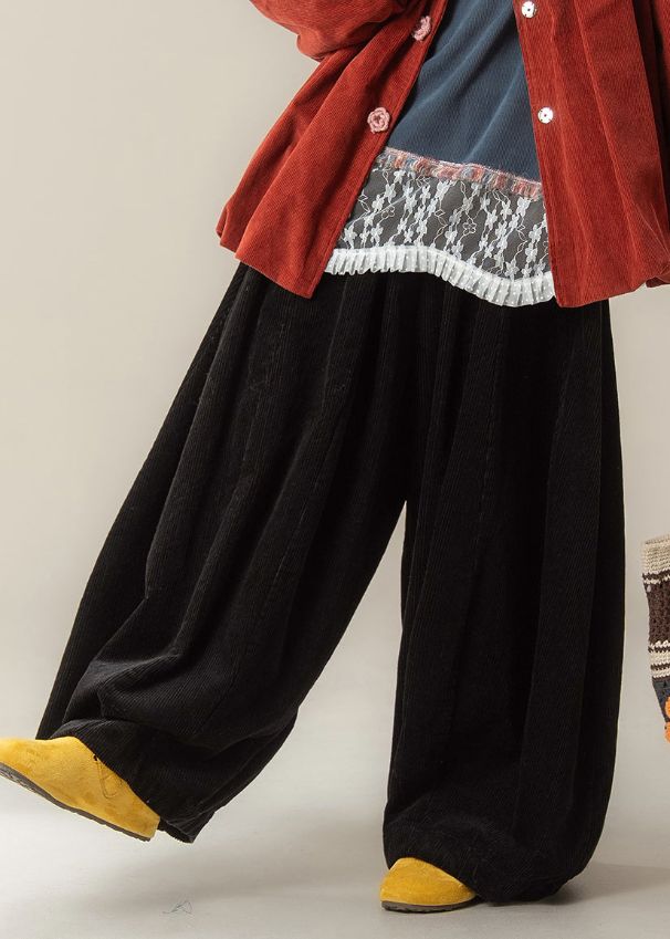 Black Original Design Cozy Corduroy Pants High Waist Winter