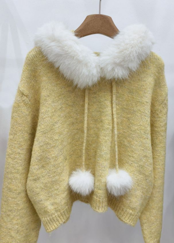 DIY Yellow Patchwork Warm Hooded Cotton Knit Sweaters Winter