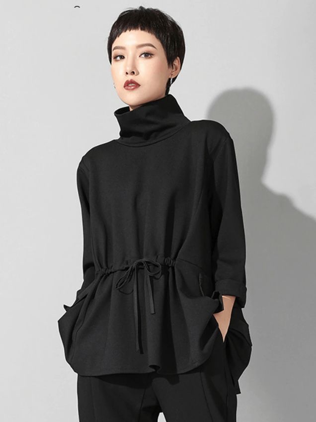 Urban Black High Collar Loose Waist Lacing Pockets Long Sleeve T-shirt