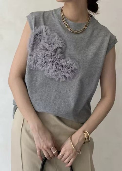 Boho Grey Floral Decorated Cotton Tank Tops Sleeveless