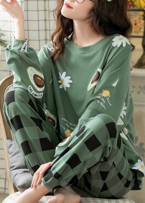 Women Green Print T Ahirt And Plaid Pants Cotton Pajamas Two Pieces Set Fall