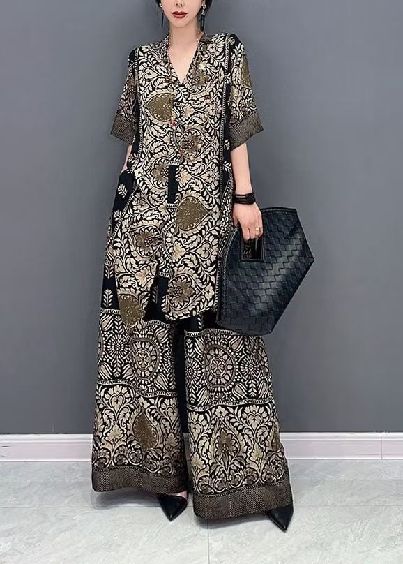4.15Stylish V Neck Oversized Print Tops And Pants Two Pieces Set Summer