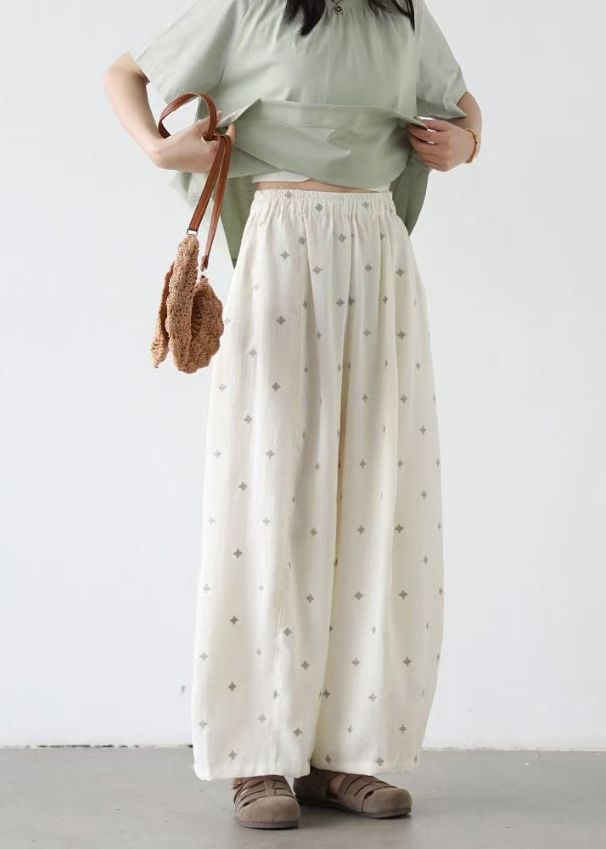 Fitted White Oversized Print Cotton Harem Pants Fall