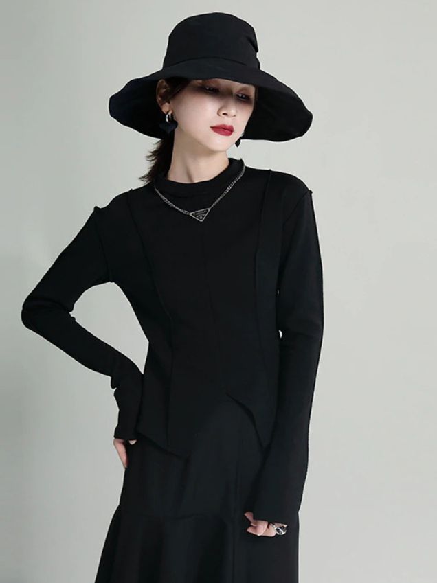 Unique Solid Color Patchwork Irregular Hem Long Sleeve T-shirt