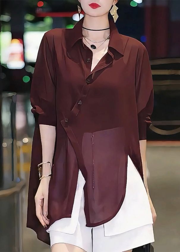 Italian Mulberry Asymmetrical Patchwork Chiffon Shirts Summer