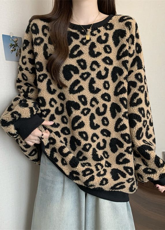 DIY Brown Oversized Leopard Faux Fur Sweatshirt Streetwear Winter