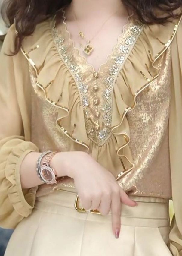 Stylish Khaki V Neck Ruffled Chiffon Shirt Fall