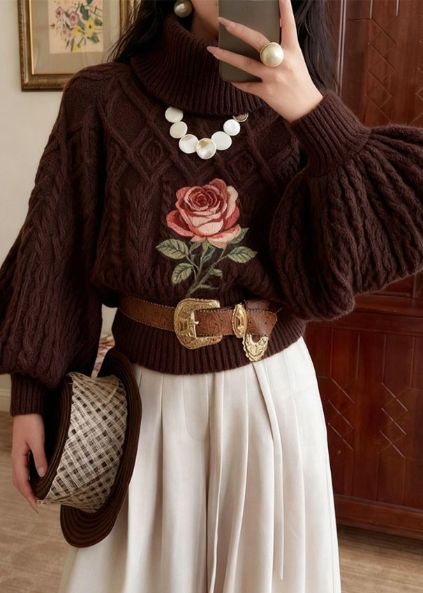 Vintage Chocolate Turtleneck Rose Knitted Cotton Sweater Winter