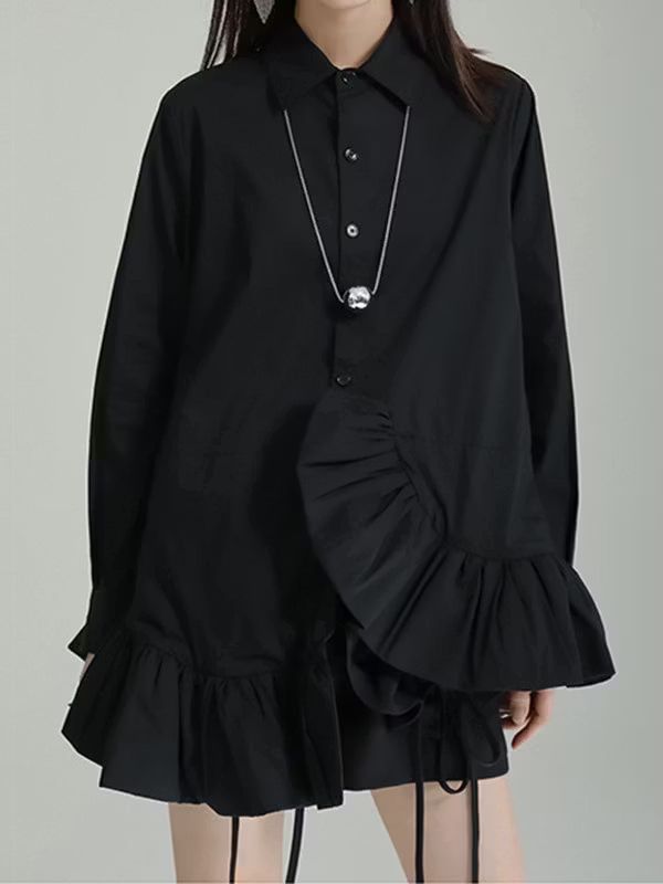 Asymmetric Solid Color Cropped Long Sleeves Lapel Blouses&shirts Tops