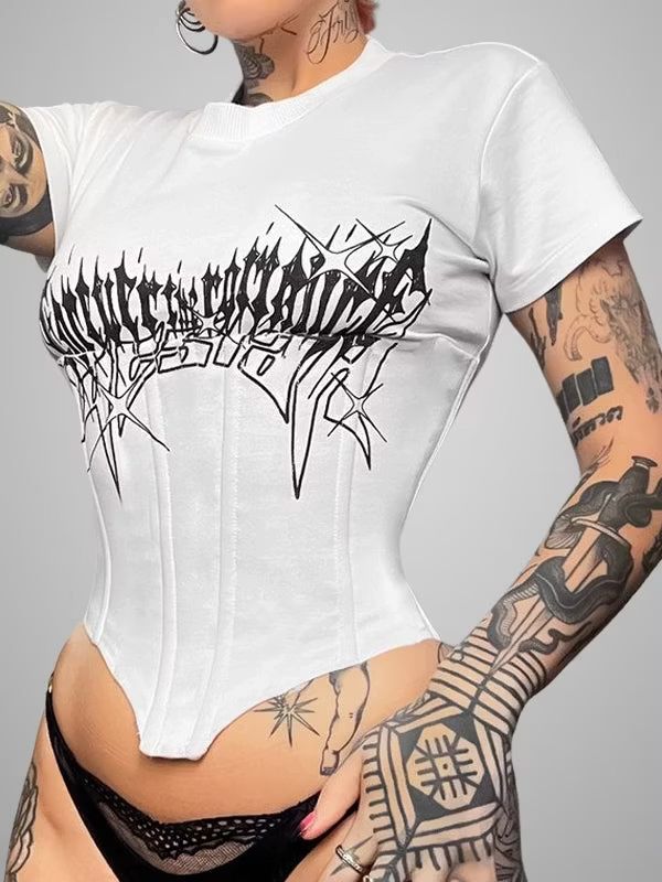 Punk Style Dark Letter Printed Lace Up Corset Irregular Crew Collar Short Sleeve Slim Crop Top