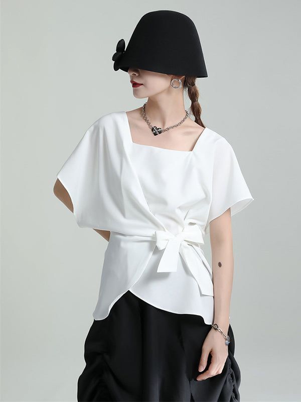 Original Casual Irregular Solid Color Tied Square-Neck T-Shirt Top