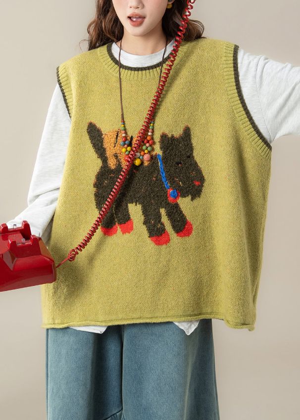 Yellow Cartoon Print Cozy Cotton Knit Waistcoat Sleeveless