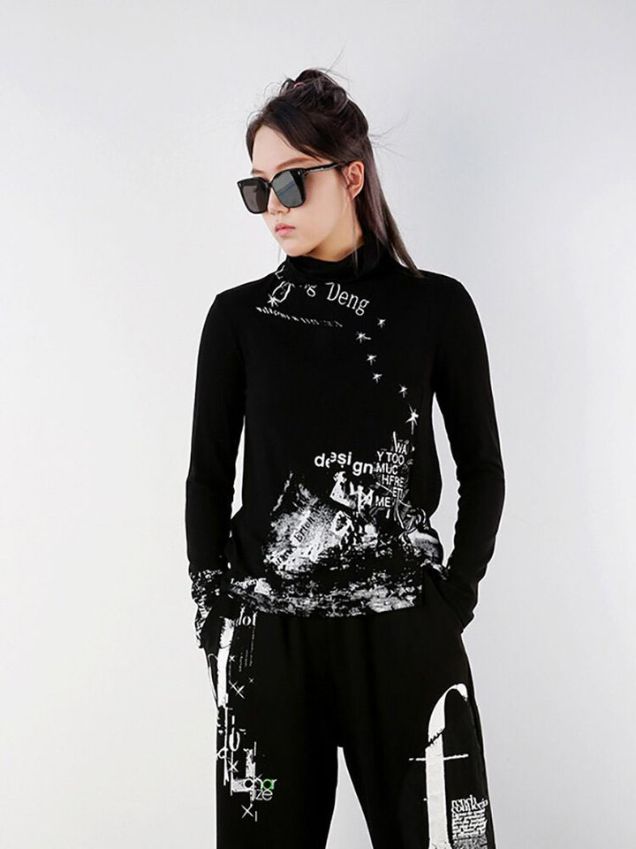 Stylish Solid Color Turtleneck Contrast Color Letter Printed Long Sleeve Slim T-shirt