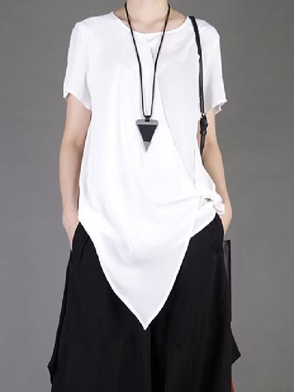 Casual White Round Neck Patchwork Short Sleeve Chiffon T-Shirt